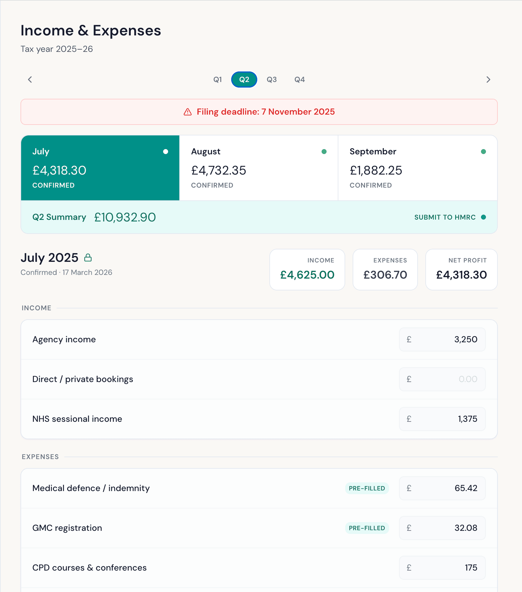 Income and expenses data entry in Duly Filed