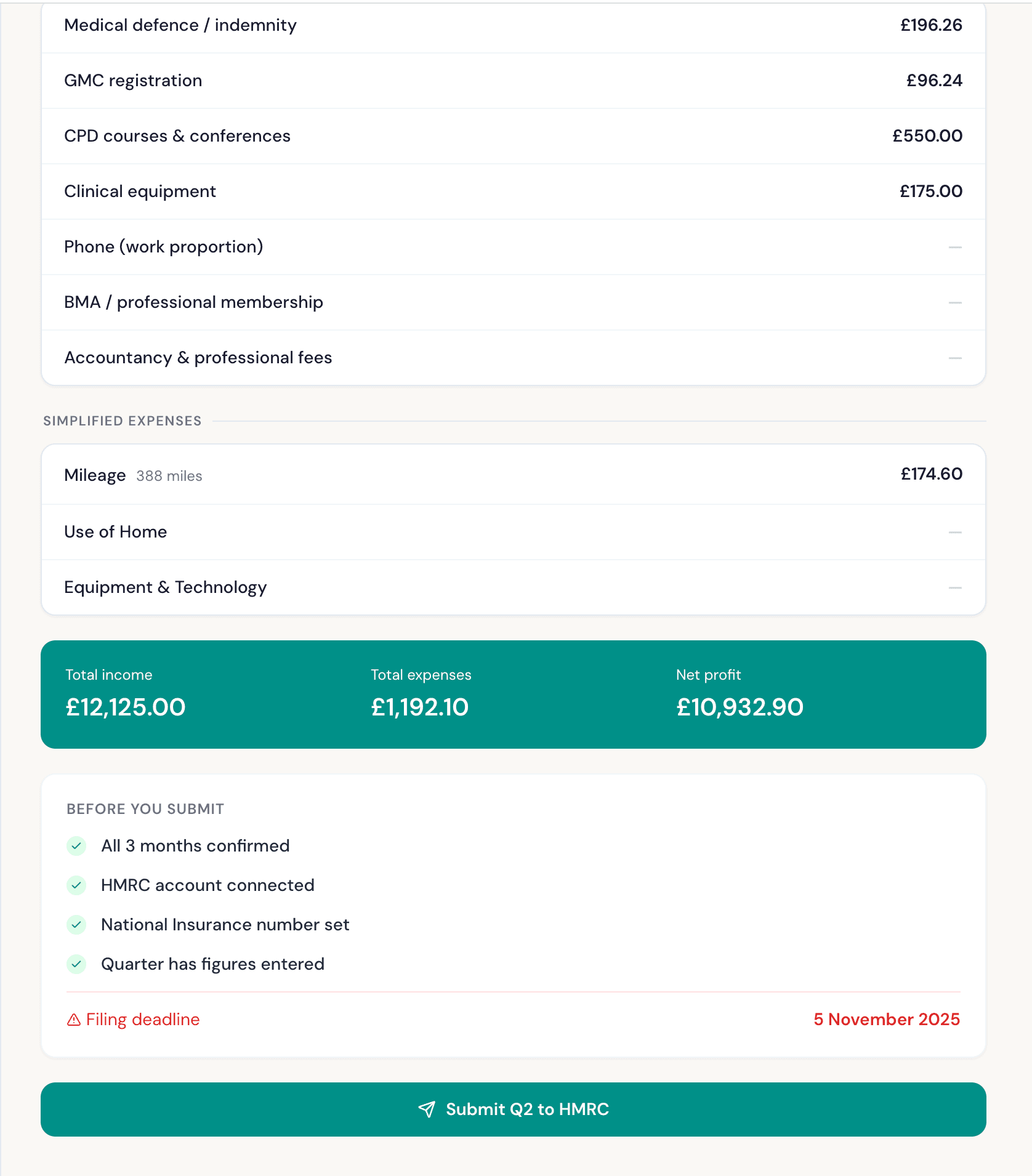 Quarter review showing income, expenses, and pre-submit checklist in Duly Filed